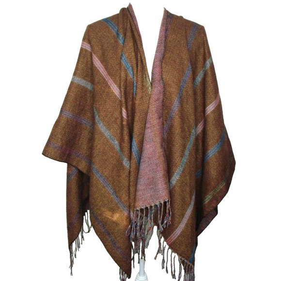 NEW Parade Street Poncho Shawl Open Front Brown Pastels Stripe Fringe Trim NWT - Picture 1 of 7
